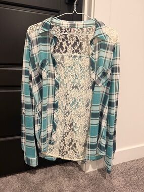 Teal Plaid Lace-Back Button-Up Shirt